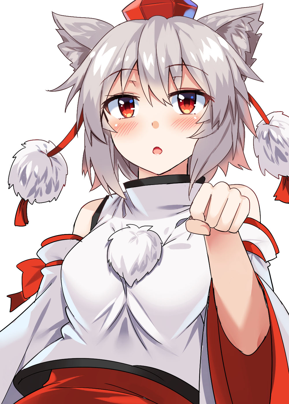 1girl :o animal_ear_fluff animal_ears bangs bare_shoulders breasts commentary_request detached_sleeves e.o. eyebrows_visible_through_hair hair_between_eyes hand_up hat highres inubashiri_momiji long_sleeves looking_at_viewer medium_breasts open_mouth paw_pose pom_pom_(clothes) red_eyes shirt short_hair silver_hair simple_background solo tassel tokin_hat touhou upper_body white_background white_shirt wide_sleeves wolf_ears