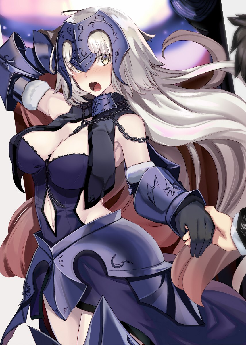 1boy 1girl arm_behind_head bare_shoulders black_gloves blonde_hair blush breasts chains commentary_request elbow_gloves fate/grand_order fate_(series) fujimaru_ritsuka_(male) gloves highres jeanne_d'arc_(alter)_(fate) jeanne_d'arc_(fate)_(all) large_breasts long_hair navel ninoude_(ninoude44) yellow_eyes