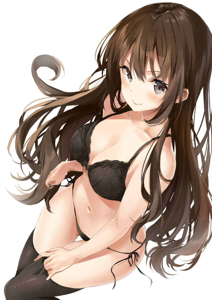 1girl bangs black_bra black_panties blush bra brown_hair closed_mouth collarbone dutch_angle eyebrows_visible_through_hair gluteal_fold grey_eyes highres kakao_rantan lingerie lips long_hair looking_at_viewer navel original panties side-tie_panties sidelocks simple_background smile solo thigh-highs thigh_gap thighs underwear underwear_only white_background