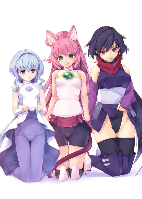 3girls animal_ears ayame_(gundam_build_divers) bike_shorts black_hair black_legwear black_leotard blue_eyes blue_hair boots cat_ears cat_tail closed_mouth dress expressionless fingerless_gloves full_body gloves green_eyes groin gundam gundam_build_divers hair_intakes kirishima_satoshi kneeling leotard lifted_by_self long_hair momo_(gundam_build_divers) multiple_girls pantyhose pink_hair purple_gloves red_scarf red_skirt sara_(gundam_build_divers) scarf shirt short_hair simple_background skirt skirt_lift sleeveless sleeveless_shirt smile tail thigh-highs thigh_boots thigh_gap violet_eyes white_background white_dress yashiro_momoka