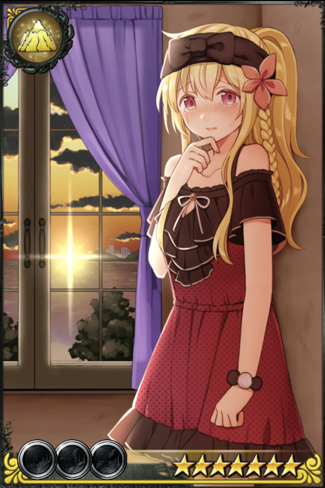 1girl bangs bare_shoulders black_bow blonde_hair blush bow braid card_(medium) character_request closed_mouth clouds cloudy_sky collarbone curtains dress eyebrows_visible_through_hair flower hair_between_eyes hair_flower hair_ornament hand_on_own_chin hand_up horizon indoors inishie_no_megami_to_houseki_no_ite kurata_rine long_hair looking_at_viewer nose_blush ocean off-shoulder_dress off_shoulder official_art polka_dot polka_dot_dress red_dress red_eyes red_flower short_sleeves side_braid single_braid sky solo standing sunlight sunset sweat tears water window