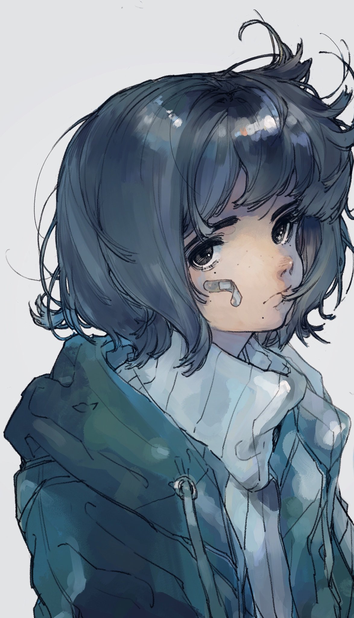 1girl bandaid bandaid_on_face black_eyes blue_hair blue_jacket blush closed_mouth commentary_request daruma_owl drawstring freckles grey_background highres jacket light_frown looking_at_viewer mole mole_under_mouth nose_blush original short_hair simple_background solo turtleneck