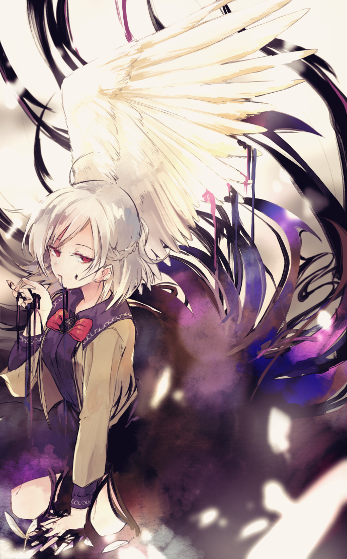 1girl ahoge bow bowtie braid expressionless feathered_wings feathers full_body half-closed_eyes hand_up hisona_(suaritesumi) jacket kishin_sagume long_sleeves looking_at_viewer open_clothes open_jacket purple_shirt purple_skirt red_eyes red_neckwear shirt silver_hair single_wing sitting skirt solo touhou white_wings wings
