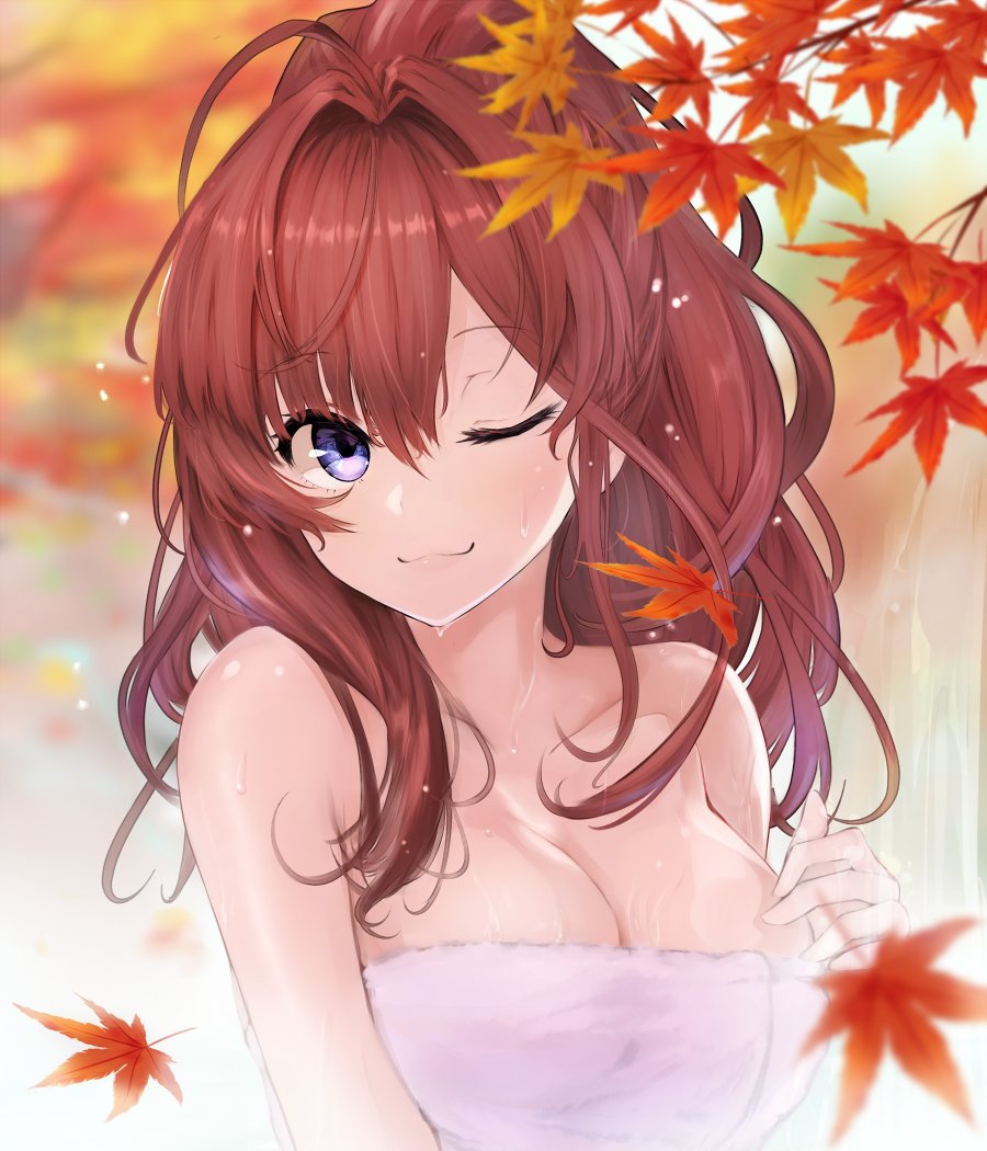 1girl :3 ahoge alternate_hairstyle autumn autumn_leaves bangs bare_shoulders breasts brown_hair cleavage commentary eyebrows_visible_through_hair hair_intakes hair_up hand_on_breast ichinose_shiki idolmaster idolmaster_cinderella_girls lamp_p9 large_breasts lips long_hair looking_to_the_side one_eye_closed onsen outdoors ponytail solo towel upper_body violet_eyes wet