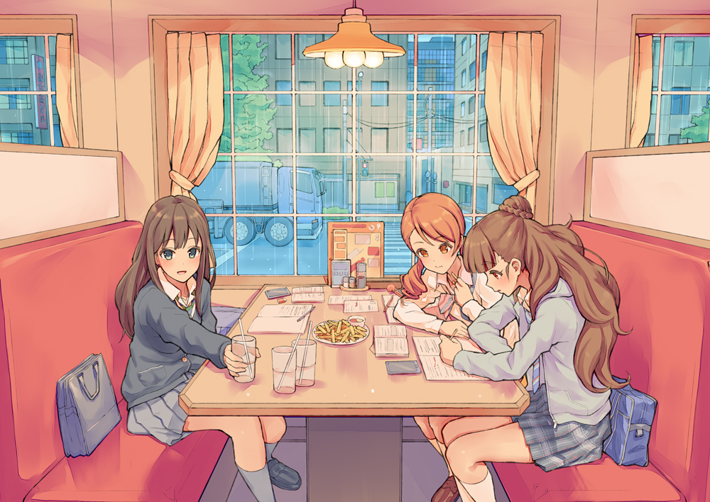 3girls bag black_footwear blush book bookbag brown_eyes brown_footwear brown_hair cellphone cup curtains drinking_glass drinking_straw food french_fries grey_skirt ground_vehicle hair_bun homework houjou_karen idolmaster idolmaster_cinderella_girls indoors kamiya_nao long_hair looking_at_viewer menu morimiya_masayuki motor_vehicle multiple_girls open_book pencil phone red_eyes restaurant school_uniform shibuya_rin sitting skirt smile socks triad_primus truck twintails very_long_hair white_legwear window writing