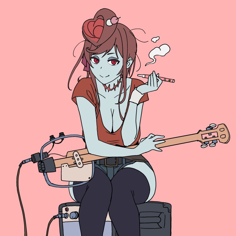 alternate_costume amplifier banjo blue_skin breasts casual cleavage hair_ornament half-closed_eyes holding holding_pipe instrument large_breasts onsen_tamago_(hs_egg) pink_background pipe red_eyes red_shirt shirt short_sleeves simple_background sitting smoking stitches thigh-highs yuugiri_(zombieland_saga) zombie zombieland_saga