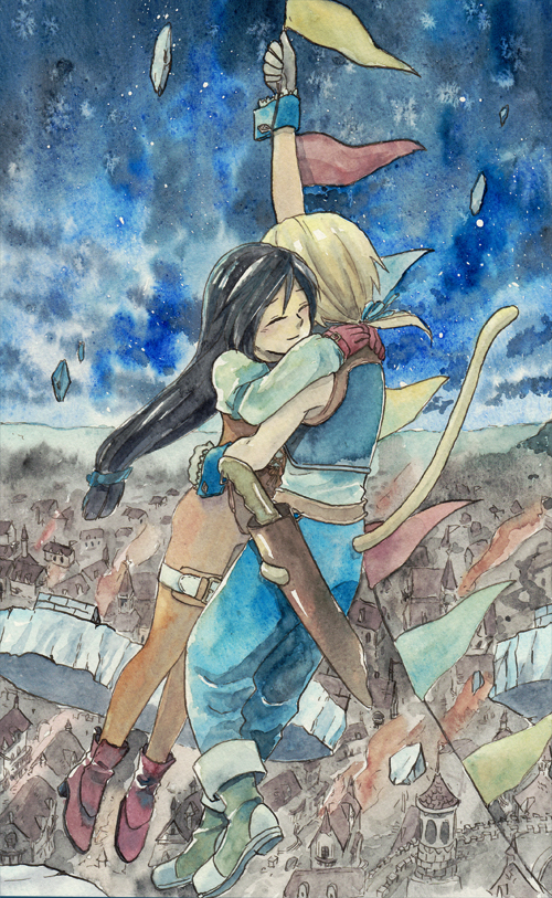 1boy 1girl black_hair blonde_hair bodysuit commentary_request deboo final_fantasy final_fantasy_ix garnet_til_alexandros_xvii gloves long_hair low-tied_long_hair orange_bodysuit smile tail traditional_media watercolor_(medium) zidane_tribal