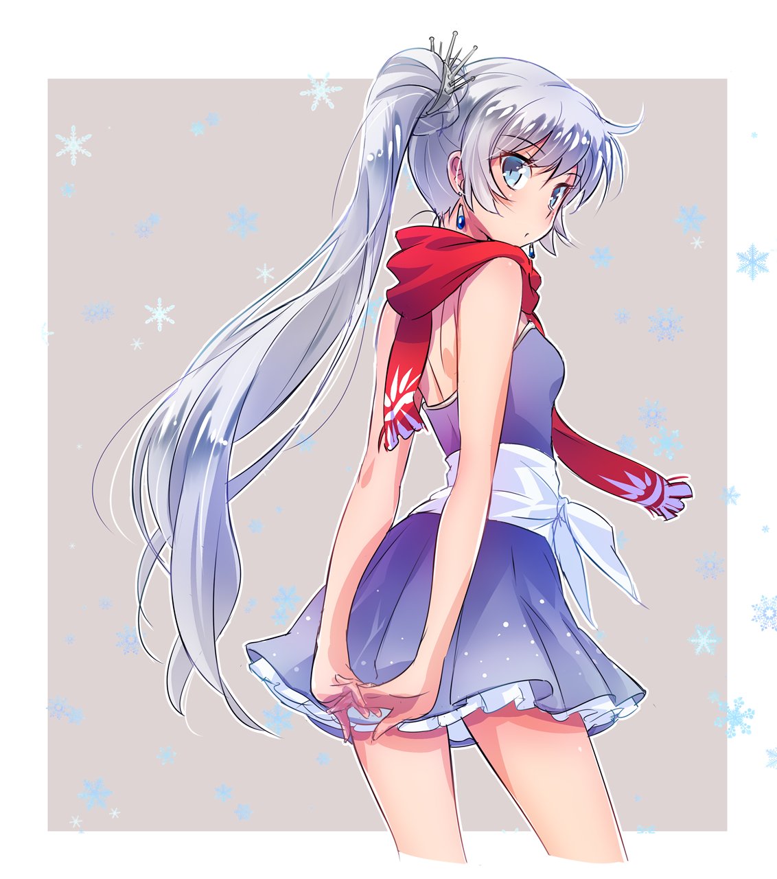 1girl blue_eyes dress earrings highres iesupa jewelry lace lace-trimmed_skirt long_hair ponytail rwby scar scar_across_eye scarf side_ponytail skirt solo tiara weiss_schnee white_hair