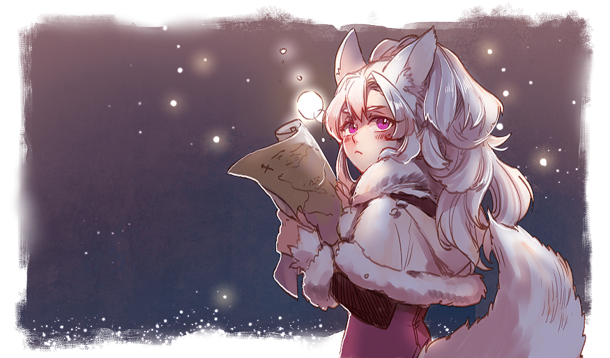 1girl :&lt; animal_ears blush capelet coat from_side fur_trim holding_map long_sleeves looking_up map mesme night original pink_eyes snowing solo tail upper_body white_capelet white_hair winter_clothes winter_coat wolf_ears wolf_tail