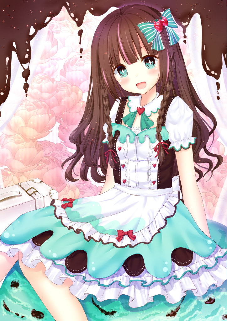 +_+ 1girl :d apron arms_at_sides bangs blush bow braid breasts brown_hair chocolate detached_collar dirndl eyebrows_visible_through_hair flower food_themed_hair_ornament german_clothes green_bow green_eyes green_neckwear hair_bow hair_ornament hair_ribbon head_tilt heart layered_skirt long_hair long_skirt looking_at_viewer multicolored_hair neck_ribbon official_art open_mouth original pink_hair puffy_short_sleeves puffy_sleeves red_ribbon ribbon ritacoeri shirt short_sleeves sitting skirt small_breasts smile solo strawberry_hair_ornament streaked_hair striped striped_bow suitcase twin_braids wavy_hair white_shirt white_skirt