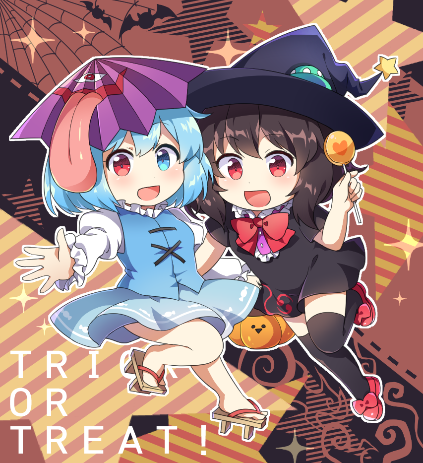 2girls :d bangs basket bat black_dress black_hair black_hat black_legwear blue_eyes blue_hair blue_skirt blue_vest blush bow bowtie breasts brown_background brown_footwear candy caramell0501 center_frills chibi commentary_request dress eyebrows_visible_through_hair food geta halloween hand_up hat heterochromia holding holding_basket holding_food houjuu_nue juliet_sleeves leg_up lollipop long_sleeves medium_breasts multiple_girls open_mouth outline puffy_sleeves purple_umbrella red_bow red_eyes red_footwear red_neckwear shirt shoes short_dress short_hair short_sleeves silk skirt skirt_set smile spider_web star striped tatara_kogasa thigh-highs thighs tongue tongue_out touhou trick_or_treat ufo vest white_outline white_shirt witch_hat zettai_ryouiki