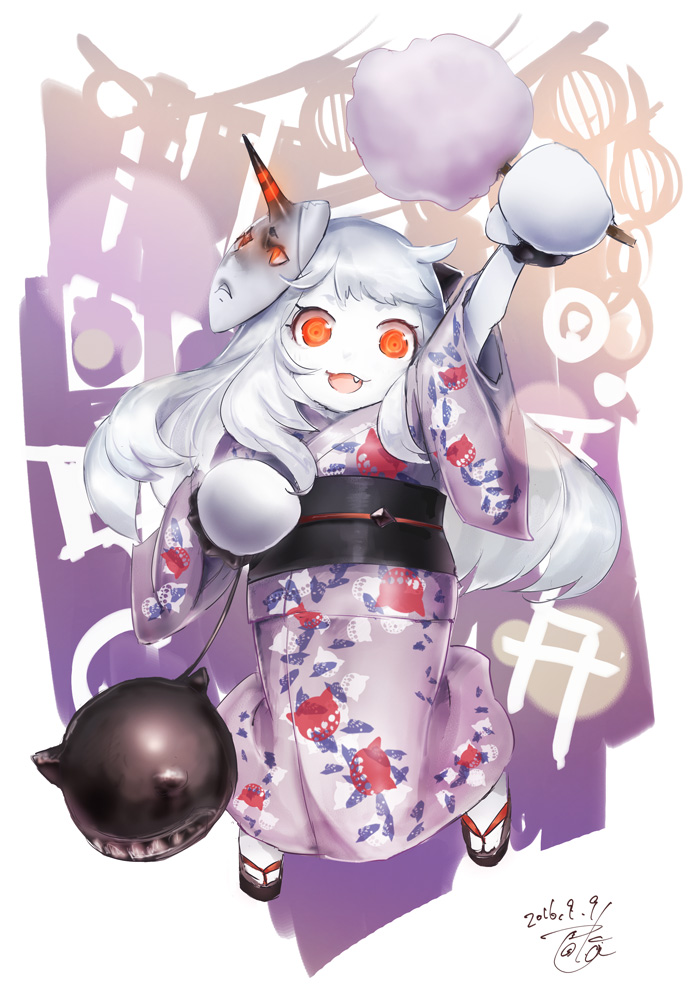 1girl food full_body horns japanese_clothes kantai_collection kimono long_hair looking_at_viewer mask mask_on_head northern_ocean_hime open_mouth pale_skin red_eyes sandals toka_(marchlizard) white_hair white_skin yukata