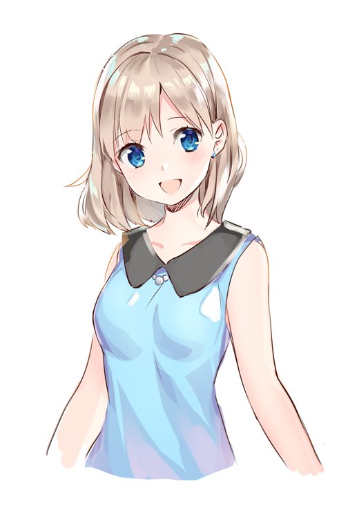 1girl blue_eyes blue_shirt collarbone cropped_arms cropped_torso earrings eyes jewelry long_hair looking_at_viewer original shiny shiny_hair shirt silver_hair simple_background sleeveless sleeveless_shirt solo upper_body weee_(raemz) white_background