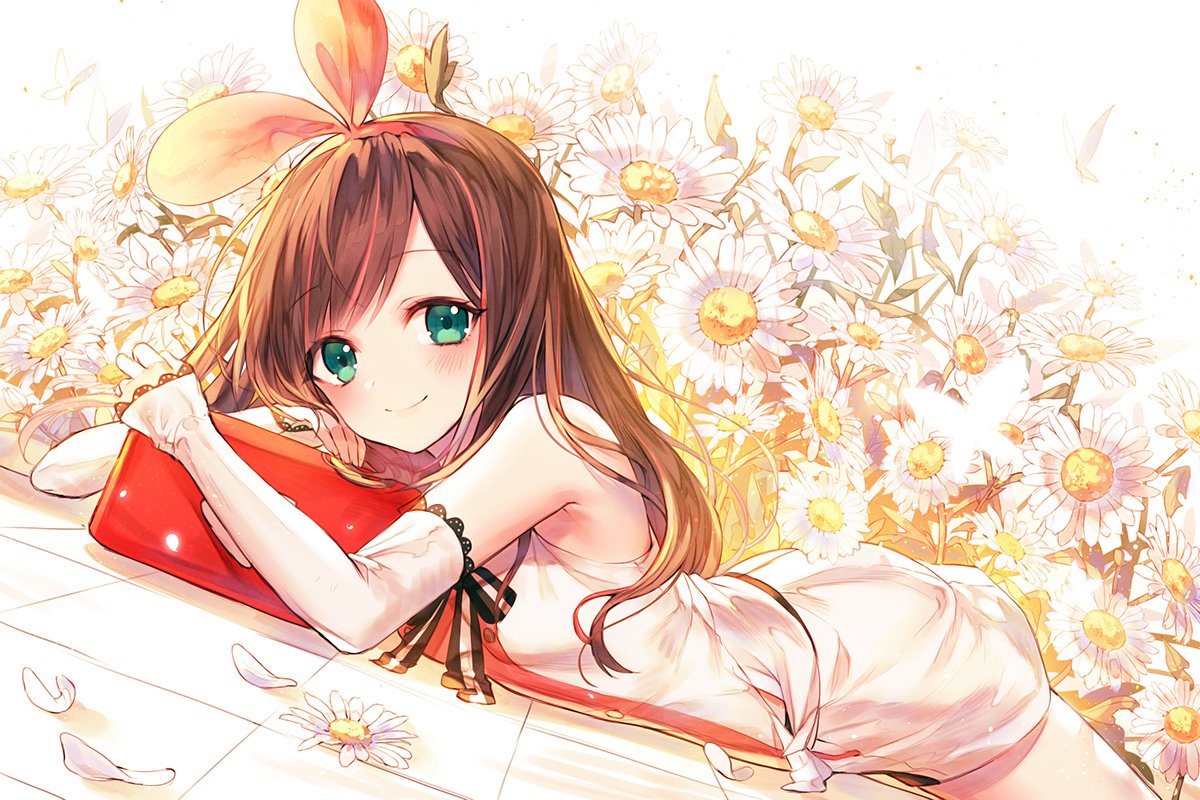 1girl a.i._channel bangs blush brown_hair daisy detached_sleeves dutch_angle flower green_eyes hairband kh_(kh_1128) kizuna_ai long_hair long_sleeves looking_at_viewer lying on_stomach petals red_hairband shirt short_shorts shorts sleeveless sleeveless_shirt smile solo swept_bangs white_flower white_shirt white_shorts white_sleeves