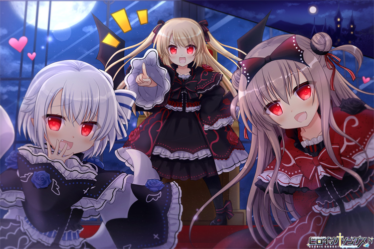 1girl 3girls black_bow black_dress black_footwear bow brown_hair castle double_bun dress fang fantasy frilled_dress frills full_moon hair_bow hair_bun hand_up heart heroic_songs! looking_at_viewer moon multiple_girls night night_sky official_art outdoors pointing pointing_at_viewer red_eyes sky standing tougo vampire watermark white_bow white_hair wide_sleeves wings