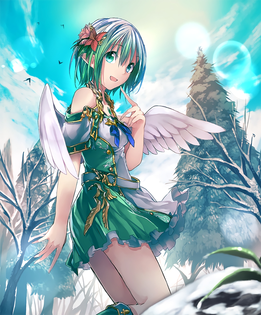 1girl :d angel_wings aqua_eyes artist_request bare_tree belt boots clouds cloudy_sky cygames eyebrows_visible_through_hair flower gold_trim green_hair green_skirt hair_flower hair_ornament lens_flare looking_at_viewer miriam_(shadowverse) open_mouth pointy_ears ribbon shadowverse short_hair skirt sky smile snow spruce tree wings