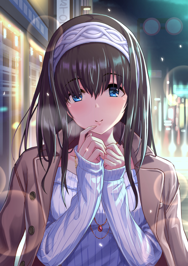 1girl black_hair blue_eyes blue_sweater blush breasts brown_jacket buttons city_lights closed_mouth coat eyebrows_visible_through_hair hair_between_eyes hairband idolmaster idolmaster_cinderella_girls jacket jewelry large_breasts long_hair looking_at_viewer necklace off-shoulder_sweater open_clothes open_jacket pendant ribbed_sweater sagisawa_fumika smile sweater tamakaga