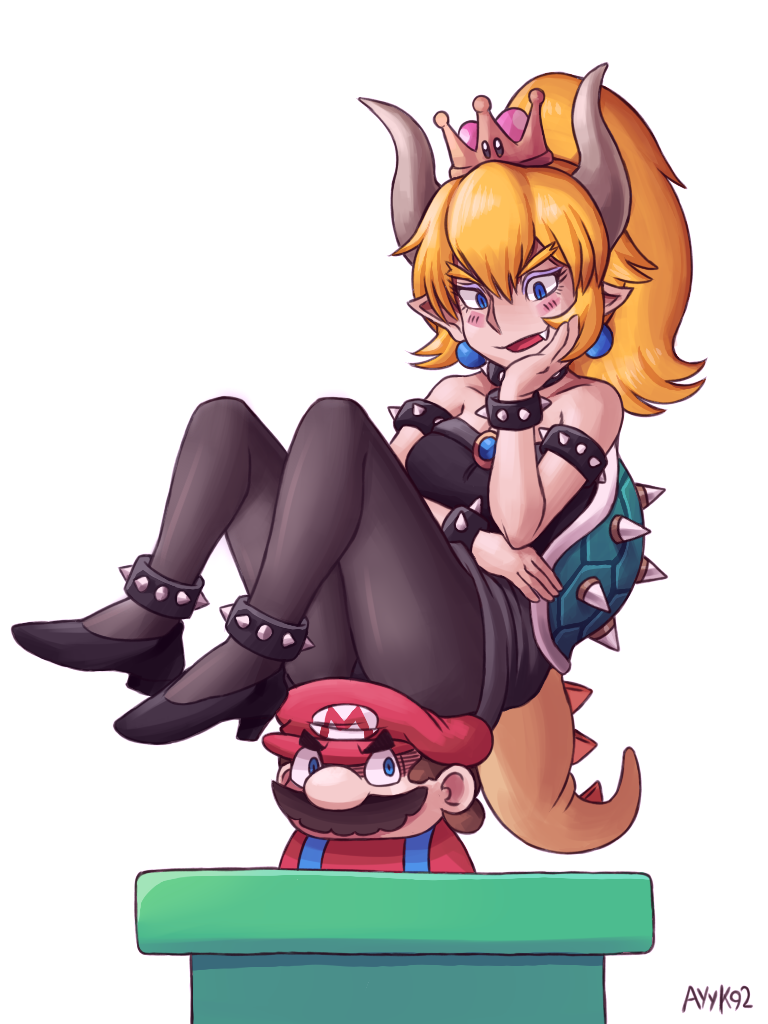 1boy 1girl ayyk92 black_collar black_dress black_footwear black_leotard blonde_hair blue_earrings bowsette bracelet brown_hair collar crown dress earrings facial_hair fang genderswap hat high_heels horns jewelry leotard mario super_mario_bros. mustache new_super_mario_bros._u_deluxe nintendo overalls pipe pointy_ears sharp_teeth sitting skirt spiked_armlet spiked_bracelet spiked_collar spiked_shell spiked_tail spikes strapless strapless_dress strapless_leotard super_crown super_mario_bros. tail teeth thick_eyebrows transformation turtle_shell