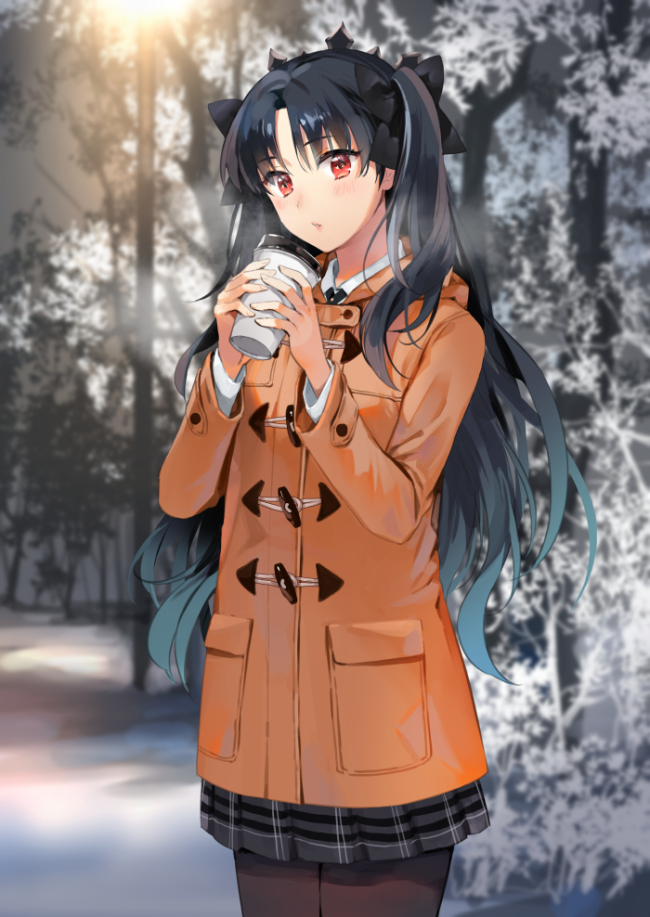 1girl black_hair black_legwear blush breath coat crown cup fate/grand_order fate_(series) forest ice_(ice_aptx) ishtar_(fate/grand_order) long_hair looking_at_viewer nature outdoors pantyhose pleated_skirt red_eyes skirt snow solo winter_clothes winter_coat