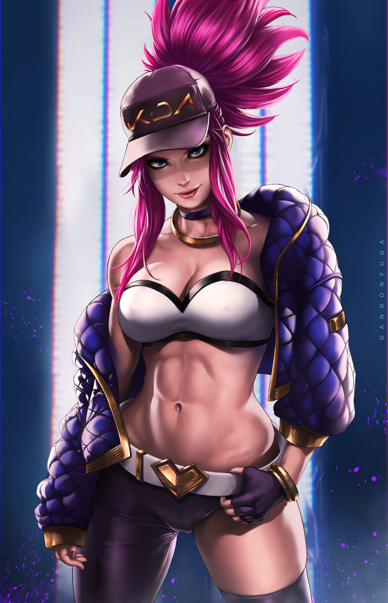 1girl akali artist_name asymmetrical_clothes asymmetrical_legwear bandeau baseball_cap belt blue_eyes breasts choker cleavage closed_mouth cropped_jacket dandon_fuga fingerless_gloves gloves hat highres idol jacket jewelry k/da_(league_of_legends) k/da_akali large_breasts league_of_legends legs_apart lips looking_at_viewer makeup midriff nail_polish navel necklace off_shoulder open_clothes open_jacket ponytail purple_hair short_hair_with_long_locks single_pantsleg single_thighhigh solo strapless thigh-highs