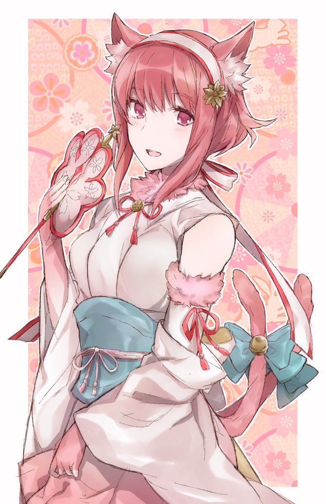 1girl aiueo1234853 animal_ears bell blue_bow bow cat_ears cat_tail elbow_gloves fake_animal_ears fake_tail fire_emblem fire_emblem_heroes fire_emblem_if fur_trim gloves hairband halloween_costume japanese_clothes nintendo parted_lips pink_eyes pink_hair sakura_(fire_emblem_if) short_hair sleeveless solo tail