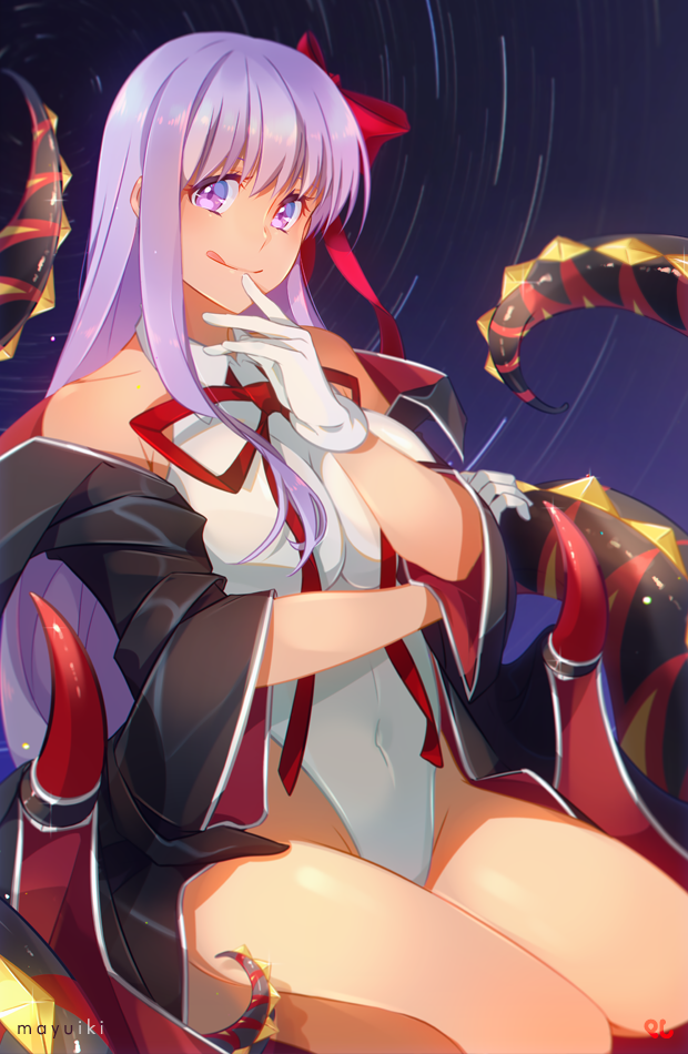 1girl bb_(fate)_(all) bb_(swimsuit_mooncancer)_(fate) black_coat fate/grand_order fate_(series) gloves leotard long_hair looking_at_viewer muki_(mayuiki) night night_sky popped_collar purple_hair red_ribbon ribbon sitting sky solo tan tentacle tongue tongue_out violet_eyes white_gloves white_leotard