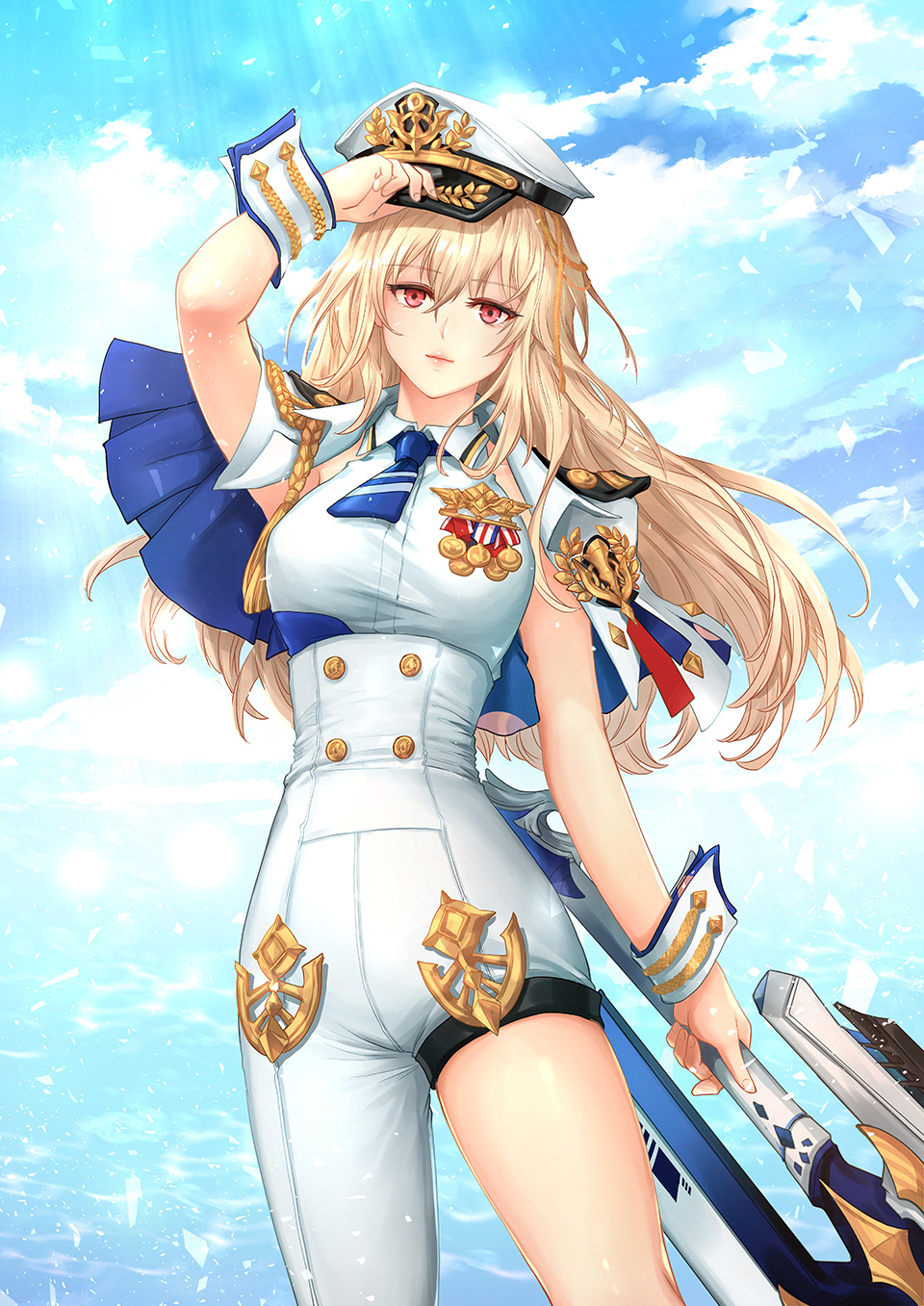 adjusting_clothes adjusting_hat asymmetrical_clothes blonde_hair blue_sky breasts capelet clouds day hat highres holding holding_weapon i-sol-e long_hair medal medium_breasts military military_uniform red_eyes seven_knights single_pantsleg sky standing uniform very_long_hair water weapon wrist_cuffs