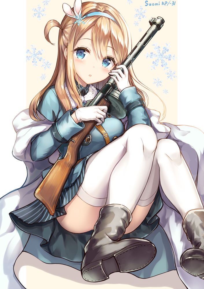 1girl :o bangs beige_background blue_eyes blue_hairband blue_jacket blue_skirt blush boots breasts brown_footwear character_name commentary_request convenient_leg eyebrows_visible_through_hair fur-trimmed_jacket fur_trim girls_frontline gloves gun hair_between_eyes hair_ornament hairband hands_up head_tilt holding holding_gun holding_weapon jacket light_brown_hair long_sleeves looking_at_viewer medium_breasts object_namesake one_side_up parted_lips pleated_skirt sakura_ani sitting skirt snowflake_hair_ornament snowflakes solo striped submachine_gun suomi_kp/-31 suomi_kp31_(girls_frontline) thigh-highs two-tone_background vertical-striped_skirt vertical_stripes weapon white_background white_gloves white_legwear