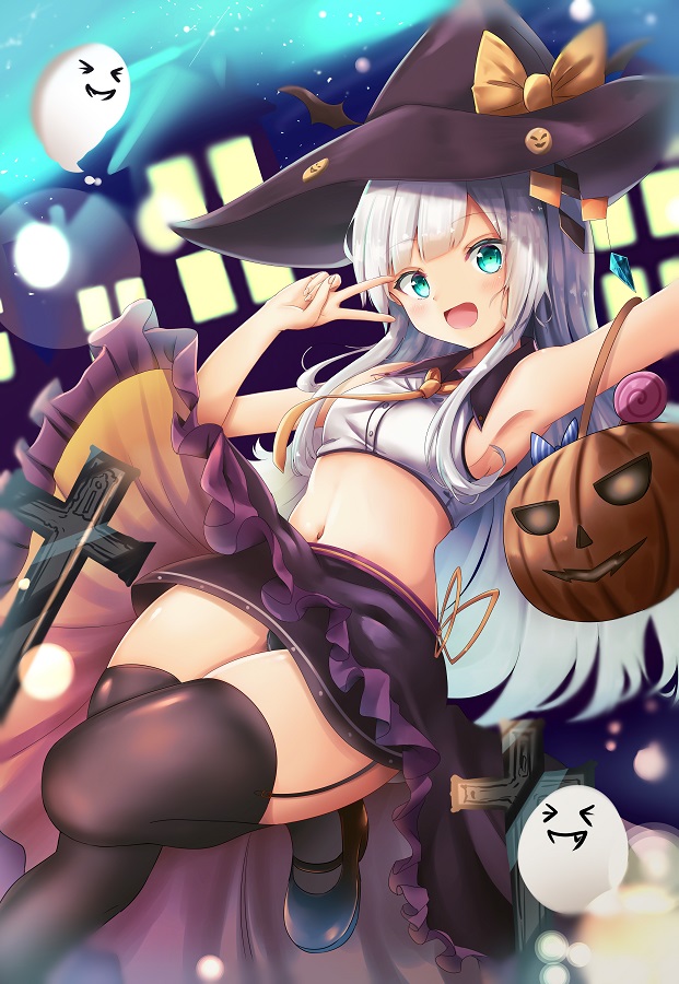 1girl aqua_eyes armpits bare_shoulders basket black_footwear black_legwear black_panties blurry blurry_background bow candy commentary_request cross eyebrows food ghost halloween hat hat_bow jack-o'-lantern lens_flare light_particles lollipop long_hair looking_at_viewer midriff navel open_mouth orange_bow original panties pantyshot pumpkin purple_skirt renka_(cloudsaikou) silver_hair skirt smile thigh-highs thigh_strap thighs underwear v very_long_hair winged_hat witch_hat