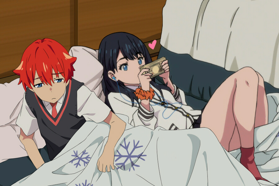 1boy 1girl bangs bare_legs bed_sheet black_hair black_skirt blue_eyes breasts cardigan chinese_commentary collared_shirt commentary_request couch couple earphones eyebrows_visible_through_hair heart hetero hibiki_yuuta holding holding_money long_hair long_sleeves lying medium_breasts miniskirt money necktie nikuku_(kazedesune) no_bra no_shoes on_back orange_scrunchie pillow pink_heart pleated_skirt red_legwear red_neckwear redhead school_uniform scrunchie shirt short_sleeves skirt socks ssss.gridman sweater takarada_rikka thighs waistcoat white_cardigan white_shirt white_sweater wing_collar wrist_scrunchie