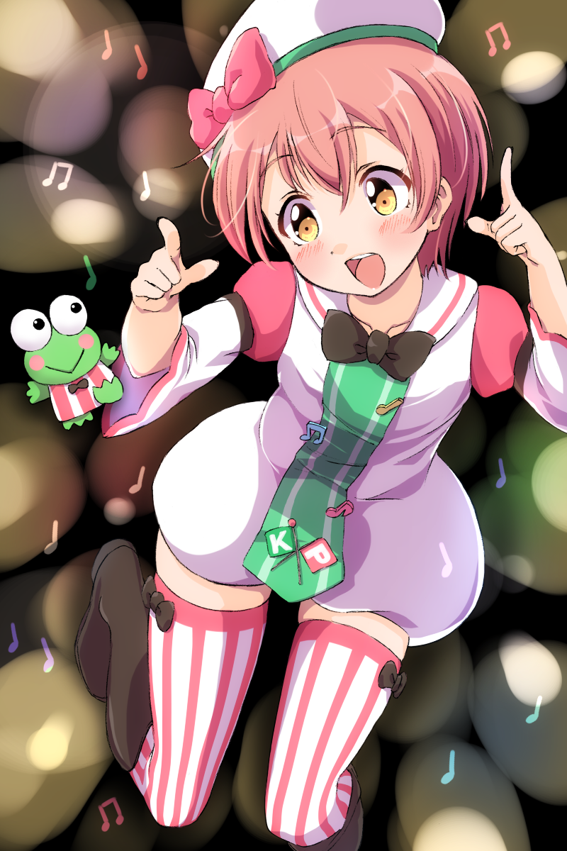 1boy 1girl :d beret black_bow black_footwear black_neckwear blurry blush blush_stickers bokeh boots bow bowtie cosplay depth_of_field frog green_neckwear hasunoue_keroppi hasunoue_keroppi_(cosplay) hat hat_bow highres hoshizora_rin index_fingers_raised jumping kero_kero_keroppi knee_boots looking_at_another love_live! love_live!_school_idol_project musical_note open_mouth orange_hair red_bow sailor_collar sen_(sen0910) short_hair smile striped striped_legwear thigh-highs tie_clip vertical-striped_legwear vertical-striped_neckwear vertical_stripes white_hat yellow_eyes