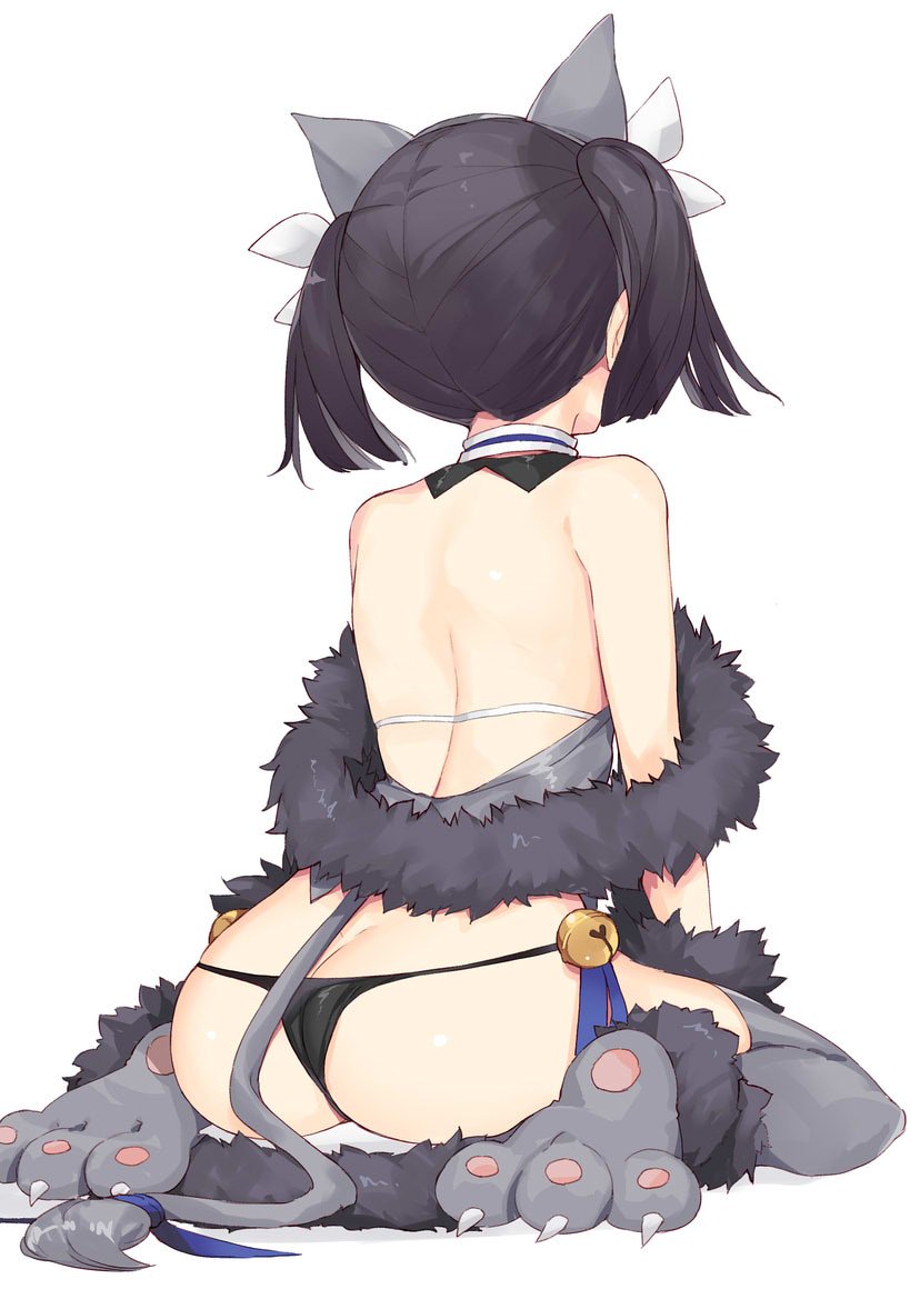 1girl animal_ears ass bare_back bell black_hair black_panties butt_crack cat_ears cat_tail fake_animal_ears fake_tail fate/kaleid_liner_prisma_illya fate_(series) from_behind fur_collar fur_trim jingle_bell miyu_edelfelt nanananana panties paws simple_background sitting solo tail twintails underwear wariza white_background