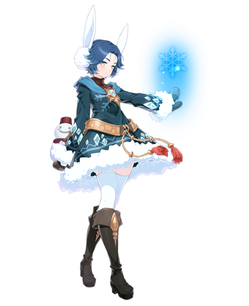 androgynous animal_ears aqua_eyes black_footwear blue_hair blue_scarf boots coat dominiel_nixed earmuffs epic7 full_body fur_trim gem knee_boots mittens official_art rabbit_ears scarf snowflakes snowman solo standing thigh-highs transparent_background white_legwear