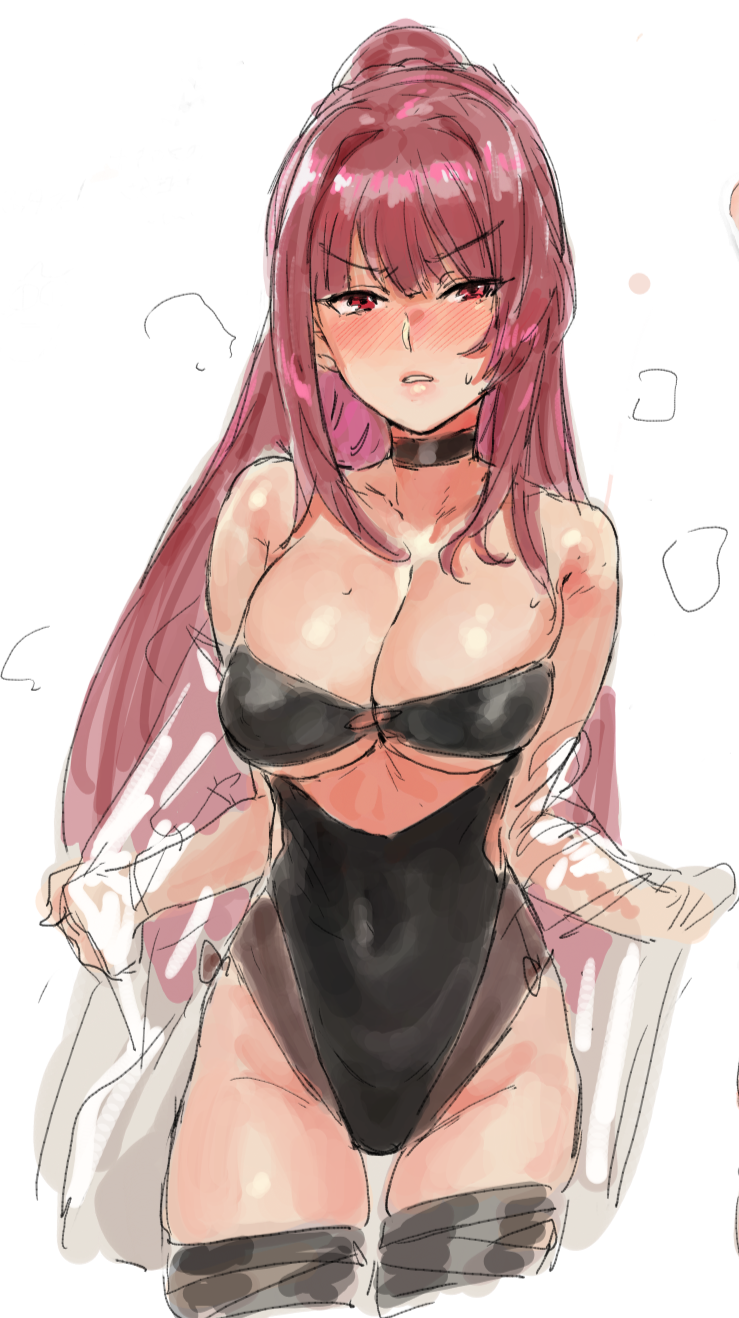 1girl bare_shoulders bikini black_bikini blush breasts cleavage clenched_teeth covered_navel girls_frontline highres large_breasts long_hair looking_at_viewer purple_hair red_eyes simple_background sketch solo suisogenshi sweatdrop swimsuit teeth very_long_hair wa2000_(girls_frontline) white_background