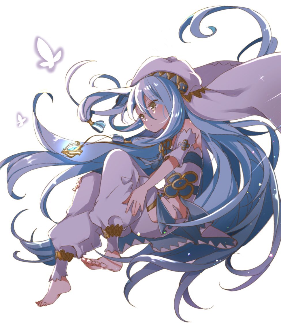1girl anklet aqua_(fire_emblem_if) aqua_hair barefoot bug butterfly fire_emblem fire_emblem_heroes fire_emblem_if hair_between_eyes insect jewelry long_hair necklace nekolook nintendo pants pendant simple_background solo veil white_background yellow_eyes younger