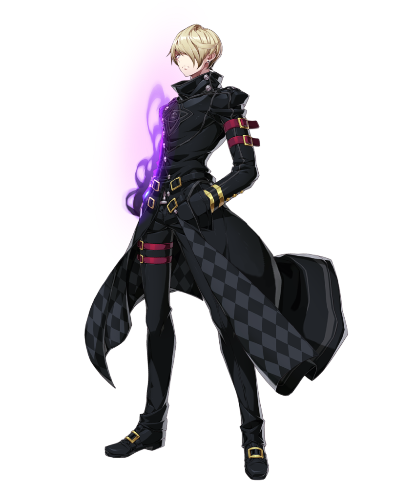 1boy arm_belt black_footwear black_legwear black_pants blonde_hair earrings epic7 full_body hair_over_one_eye hand_in_pocket jewelry leg_belt long_sleeves looking_at_viewer magic male_focus official_art pants purple_earrings sez_gaien shoes standing stud_earrings transparent_background