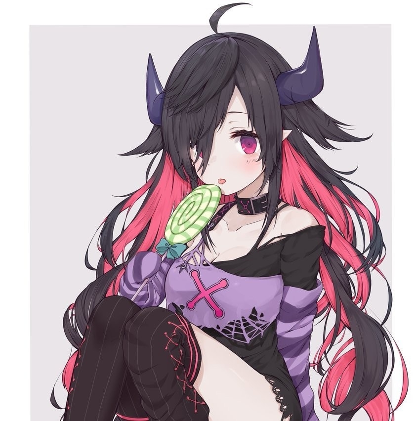 1girl ahoge artist_request asymmetrical_clothes bare_shoulders black_hair blush candy character_request cleavage collar collarbone copyright_request gloves gothic hair_over_one_eye horns knees_together knees_up lollipop long_hair multicolored_hair off_shoulder pink_eyes pink_hair pointy_ears sitting sleeves_past_wrists solo source_request tareme thigh-highs tongue torn_shirt two-tone_hair