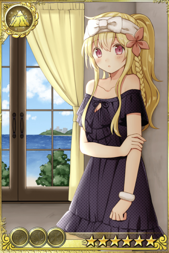 1girl :o arm_grab bangs bare_shoulders blonde_hair blue_sky blush bow braid card_(medium) character_request clouds cloudy_sky collarbone curtains day dress eyebrows_visible_through_hair flower hair_between_eyes hair_flower hair_ornament horizon indoors inishie_no_megami_to_houseki_no_ite kurata_rine long_hair looking_at_viewer ocean off-shoulder_dress off_shoulder official_art parted_lips polka_dot polka_dot_dress purple_dress red_eyes red_flower short_sleeves side_braid single_braid sky solo standing star water white_bow window