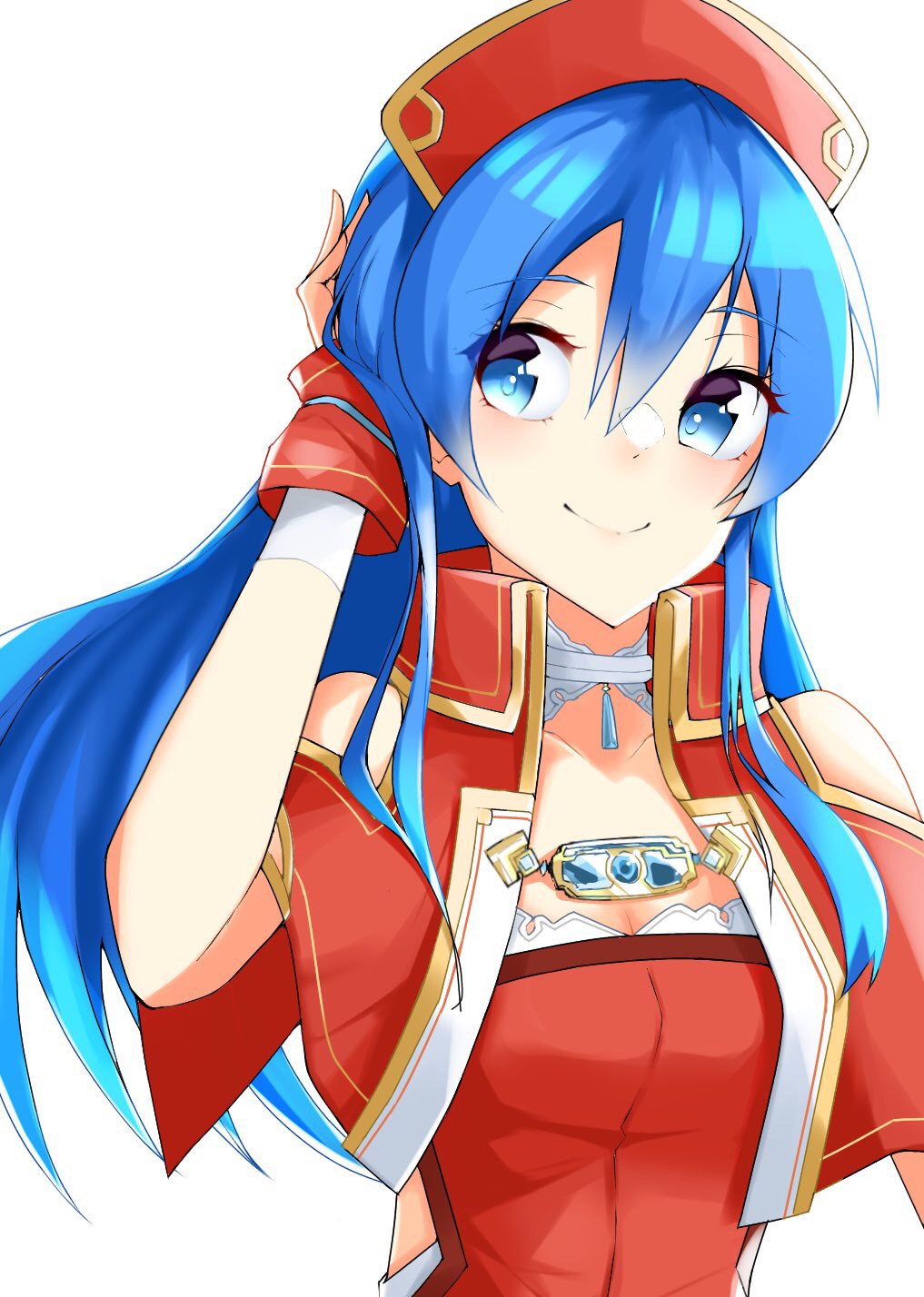 1girl blue_eyes blue_hair capelet closed_mouth fire_emblem fire_emblem:_fuuin_no_tsurugi hand_in_hair hat highres lilina long_hair nintendo red_hat simple_background smile solo tpicm upper_body white_background