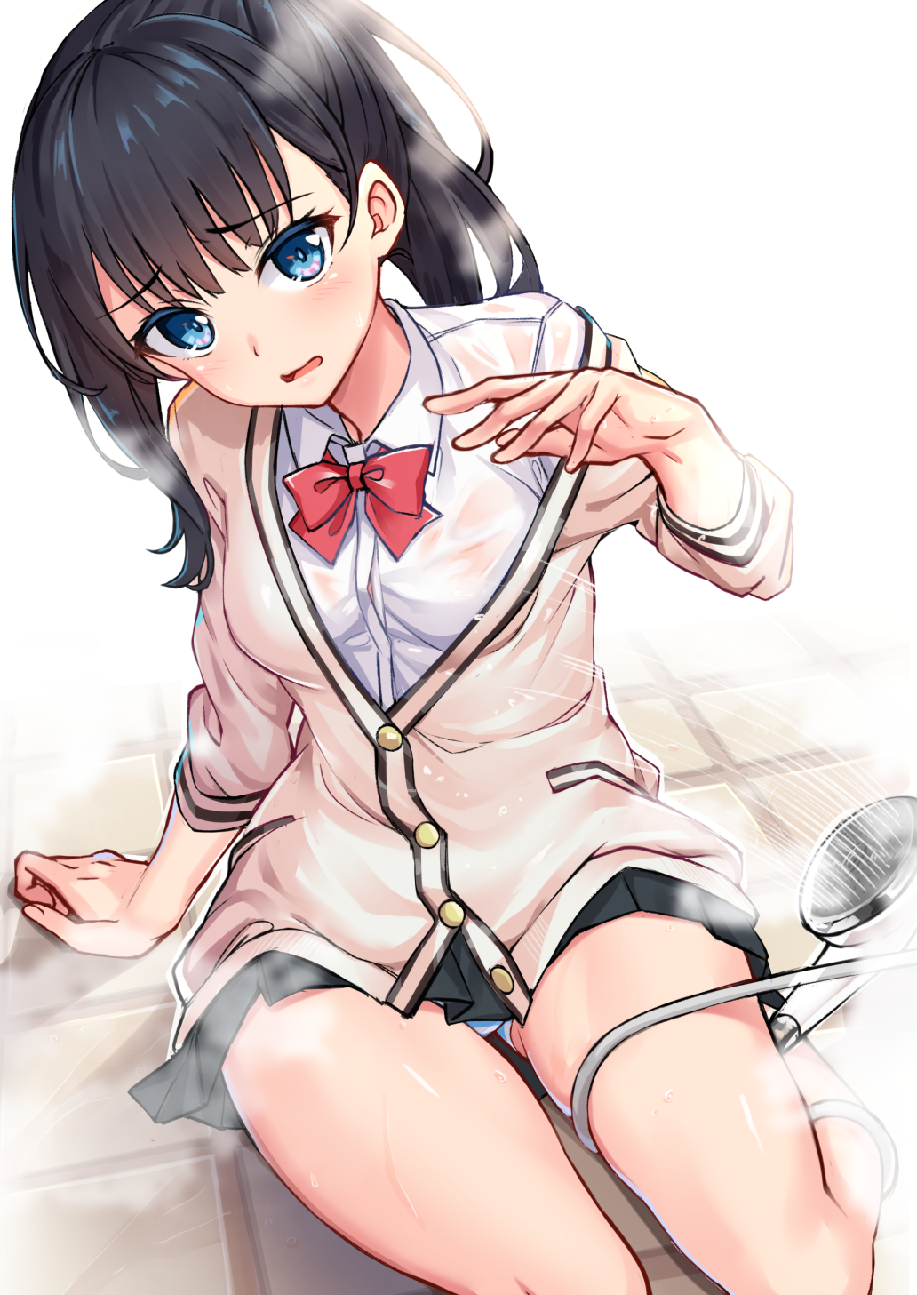 1girl arm_at_side arm_support black_hair blue_eyes bow breasts convenient_censoring eyebrows_visible_through_hair hair_censor hair_over_breasts hand_up highres long_hair long_sleeves looking_at_viewer miniskirt red_bow school_uniform see-through shower_head shuutou_haruka sitting skirt small_breasts solo ssss.gridman steam steam_censor takarada_rikka tile_floor tiles wet wet_clothes