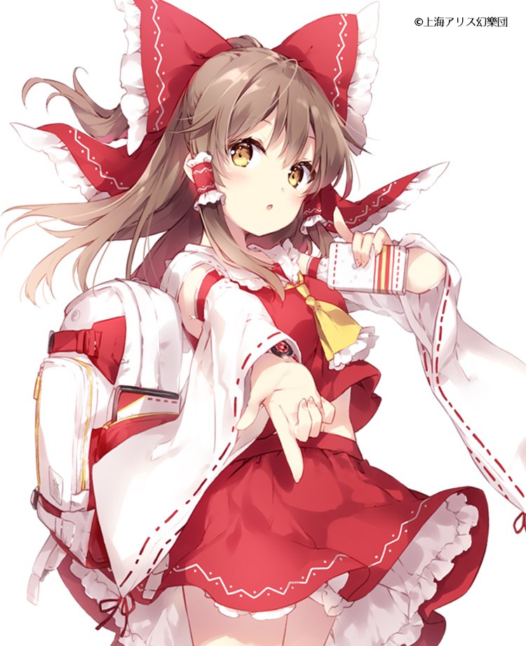 1girl :o ascot backpack bag bangs bare_shoulders blush bow brown_hair commentary_request cowboy_shot detached_sleeves eyebrows_visible_through_hair finger_gun fingernails floating_hair frilled_bow frills hair_bow hair_tubes hakurei_reimu long_hair long_sleeves looking_at_viewer midriff_peek mochizuki_shiina nontraditional_miko outstretched_arm parted_lips red_bow red_skirt ribbon-trimmed_sleeves ribbon_trim sidelocks simple_background skirt skirt_set smartphone_case solo touhou watch watch watermark white_background wide_sleeves yellow_eyes yellow_neckwear