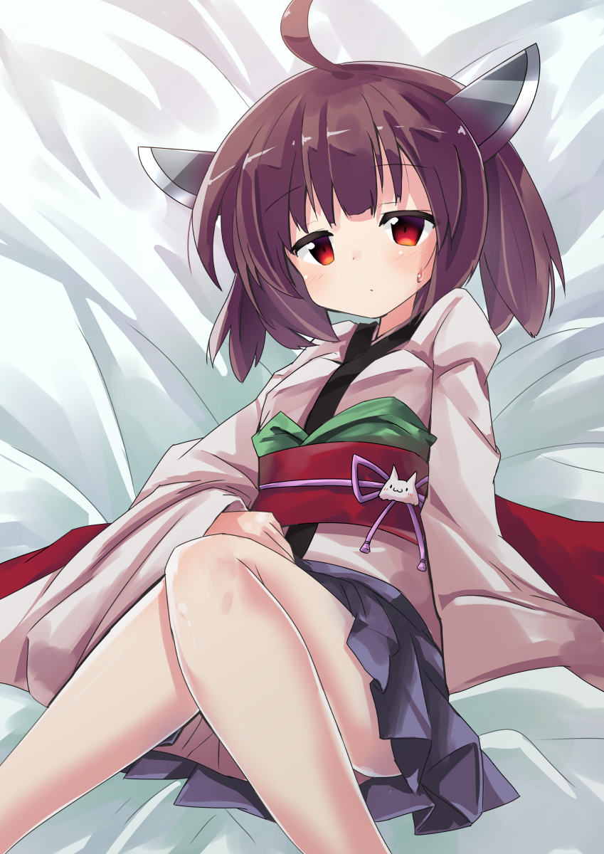 1girl ahoge bangs bed_sheet blush brown_hair closed_mouth commentary_request eyebrows_visible_through_hair headgear highres japanese_clothes kimono knees_up long_sleeves looking_at_viewer lying obi on_back pleated_skirt purple_skirt red_eyes ryogo sash short_kimono skirt solo sweat touhoku_kiritan voiceroid white_kimono wide_sleeves