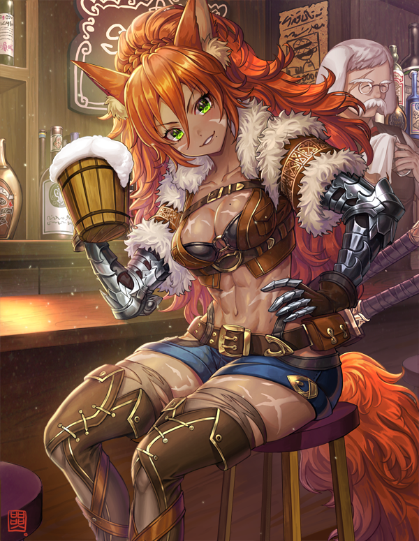1boy 1girl abs alcohol animal_ears bar beer beer_mug belt belt_pouch blush boots bottle box_(hotpppink) breasts cleavage dark_skin facial_hair gauntlets glasses green_eyes grin hand_on_hip long_hair looking_at_viewer medium_breasts mole mole_on_breast mole_under_mouth mustache navel orange_hair original pouch scar shorts sitting smile stool tail thigh-highs thigh_boots very_long_hair white_hair