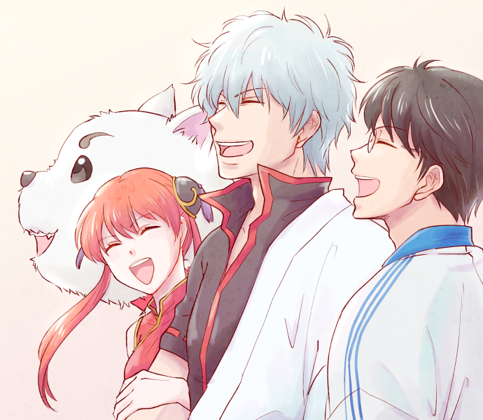 1girl 2boys black_hair brown_hair dog double_bun floating_hair gintama glasses japanese_clothes kagura_(gintama) kimono laughing locked_arms long_hair multiple_boys negimisosiru0127 open_mouth sadaharu sakata_gintoki shimura_shinpachi silver_hair simple_background sleeveless smile standing twintails upper_body white_background white_kimono