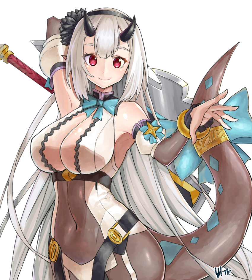 1girl arm_up bare_shoulders be_garam blue_bow bow bowtie bracelet breasts covered_navel dragon_tail epic7 flower hair_flower hair_ornament hairband horns jewelry large_breasts long_hair pink_eyes smile standing tail very_long_hair white_background white_hair yufine_(epic7)