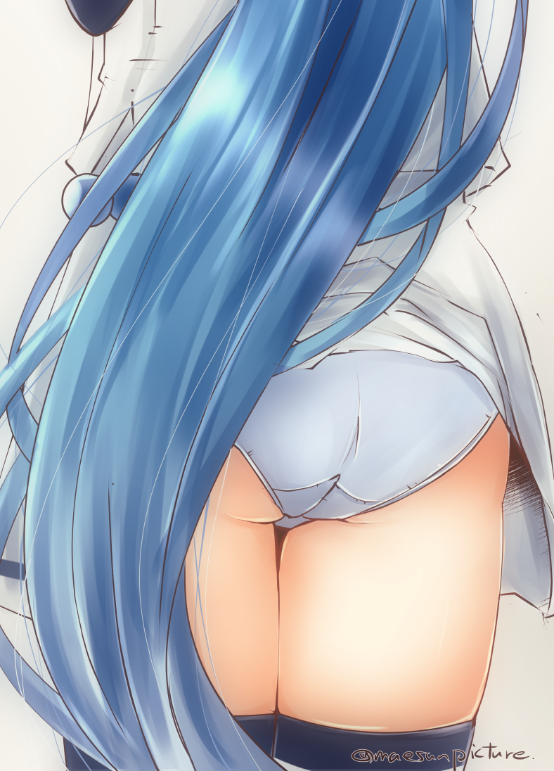 1girl ass black_legwear blue_hair close-up dress dress_lift from_behind kantai_collection long_hair mae_(maesanpicture) out_of_frame panties samidare_(kantai_collection) shiny shiny_hair solo standing thigh-highs thighs twitter_username underwear very_long_hair white_dress white_panties