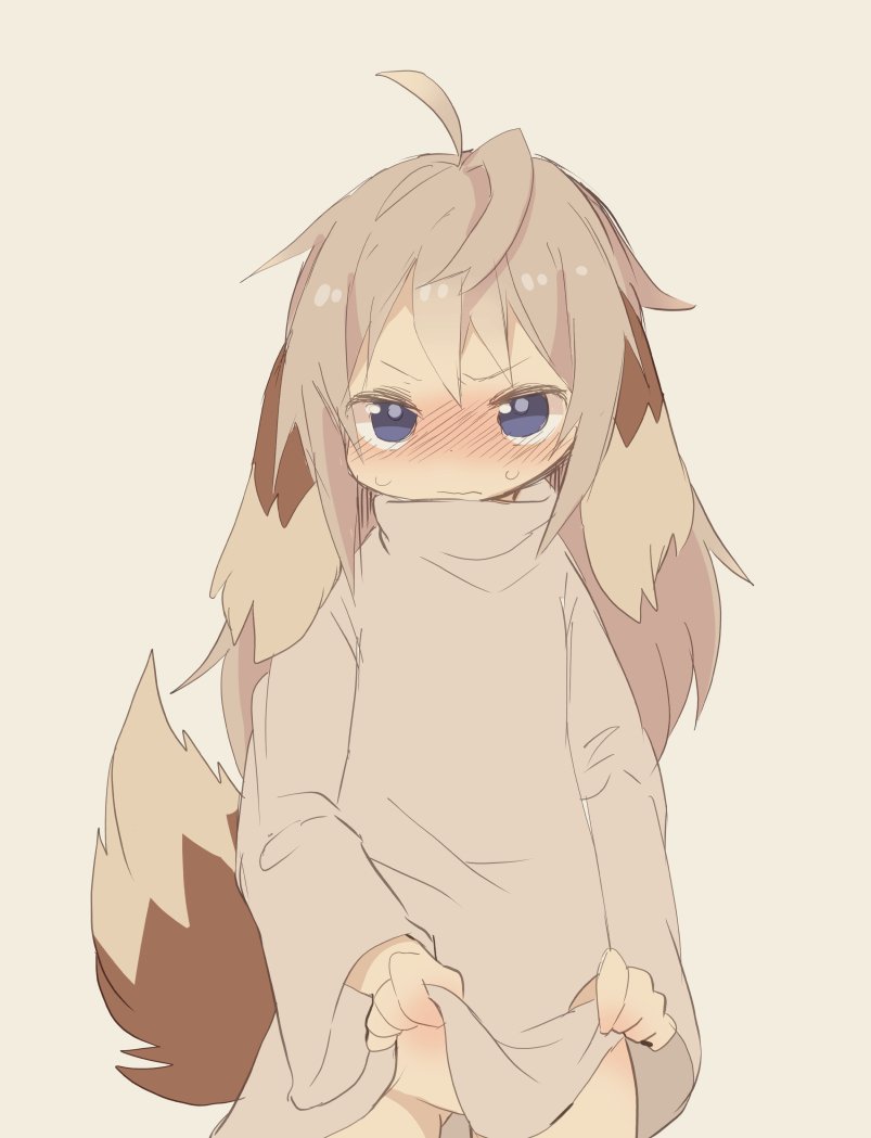 &gt;:( 1girl animal_ears beige_background blue_eyes blush clothes_lift dog_ears dog_tail konachiu light_brown_hair long_hair long_sleeves monochrome_background naked_sweater no_panties nose_blush original rei-chan_(konachiu) simple_background sweat sweater sweater_lift tail