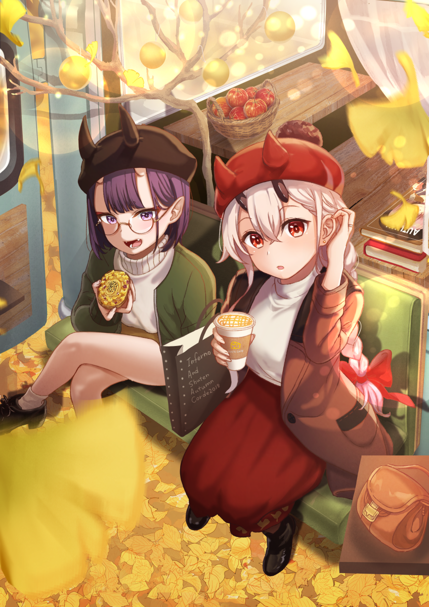 2girls :d apple bag bangs basket black_footwear blush book boots bow braid brown_coat coat coffee_cup commentary_request cup disposable_cup eyebrows_visible_through_hair fang fate/grand_order fate_(series) food fruit ginkgo ginkgo_leaf glasses green_jacket grey_hair hair_between_eyes hair_bow handbag hat head_tilt highres holding holding_cup holding_food horned_headwear horns jacket kurono_kito legs_crossed long_hair multiple_girls open_clothes open_coat open_mouth parted_lips purple_hair red_apple red_bow red_hat red_skirt round_eyewear shirt short_hair shuten_douji_(fate/grand_order) sitting skirt smile socks sweater tomoe_gozen_(fate/grand_order) turtleneck turtleneck_sweater very_long_hair violet_eyes white_legwear white_shirt white_sweater window