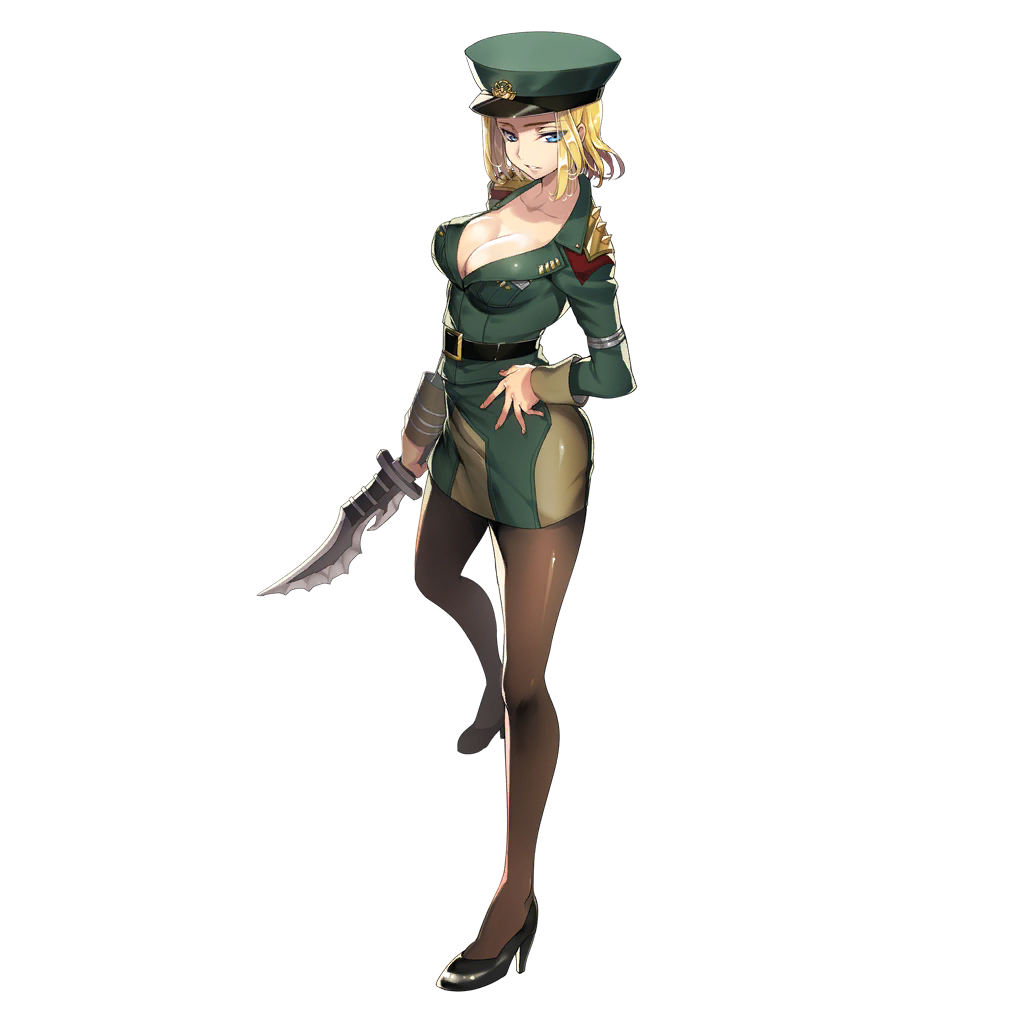1girl belt blonde_hair blue_eyes breasts cleavage dagger hat high_heels military military_hat military_uniform milla_bachtein official_art solo star_ocean star_ocean_the_last_hope thigh-highs transparent_background uniform weapon