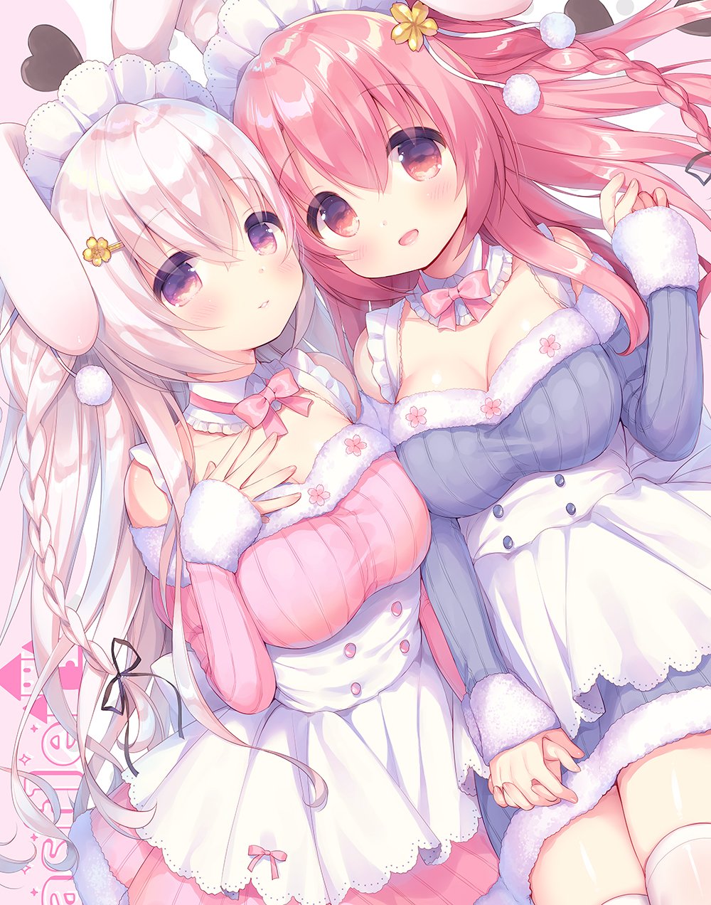 2girls :d animal_ears apron bangs black_ribbon blush braid breasts cleavage commentary_request dress eyebrows_visible_through_hair fingernails flower fur-trimmed_dress hair_between_eyes hair_flower hair_ornament hair_ribbon hairclip hand_holding hand_up heart highres interlocked_fingers large_breasts long_hair long_sleeves maid_headdress medium_breasts multiple_girls open_mouth orange_flower parted_lips pink_dress purple_dress rabbit_ears red_eyes redhead ribbed_dress ribbon sakura_(usashiro_mani) silver_hair single_braid sleeves_past_wrists smile thigh-highs usashiro_mani very_long_hair waist_apron white_apron white_legwear